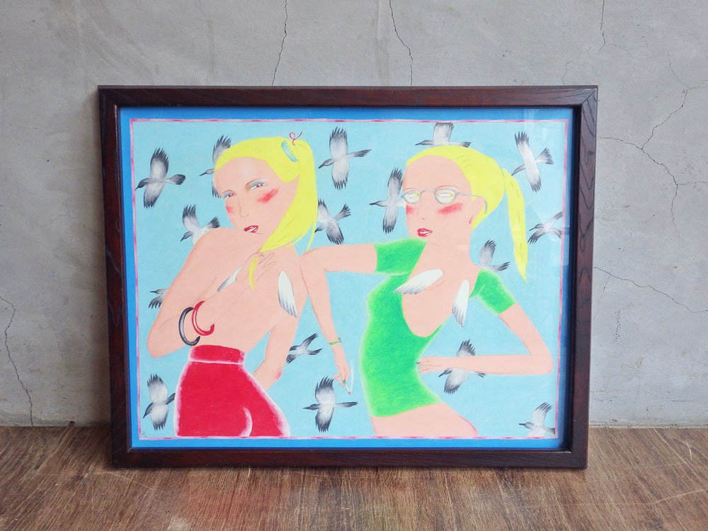 大橋歩 Ayumi Ohashi パステル画 イラスト 額装品 37×47cm ポストカード付き 肉筆画 原画 女性 レオタード 鳥 平凡パンチ ♪