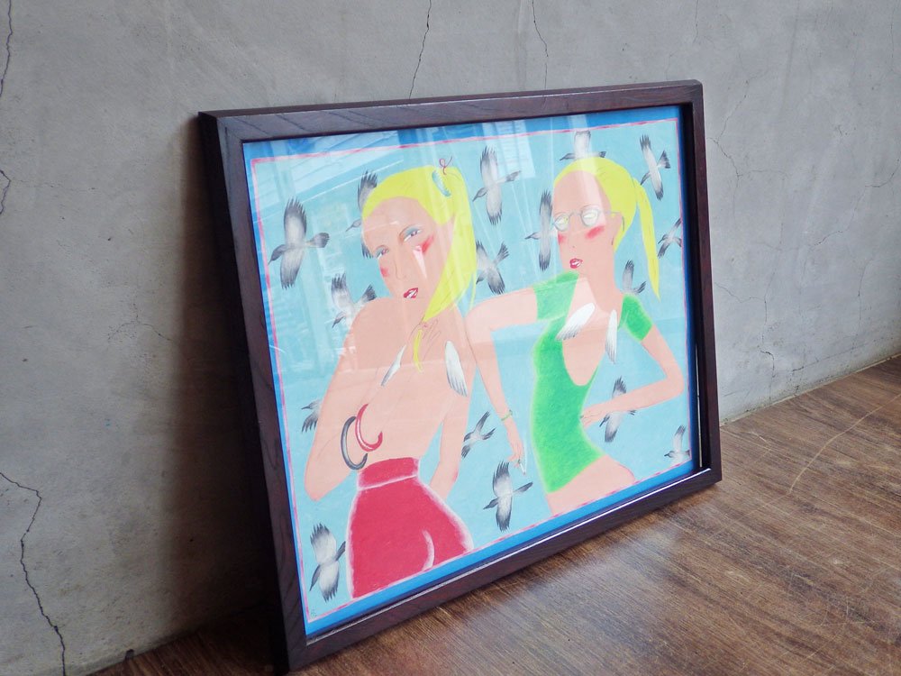 大橋歩 Ayumi Ohashi パステル画 イラスト 額装品 37×47cm ポストカード付き 肉筆画 原画 女性 レオタード 鳥 平凡パンチ ♪