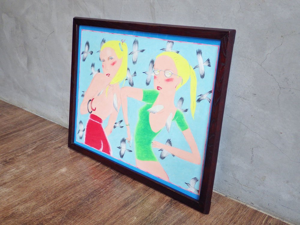 大橋歩 Ayumi Ohashi パステル画 イラスト 額装品 37×47cm ポストカード付き 肉筆画 原画 女性 レオタード 鳥 平凡パンチ ♪