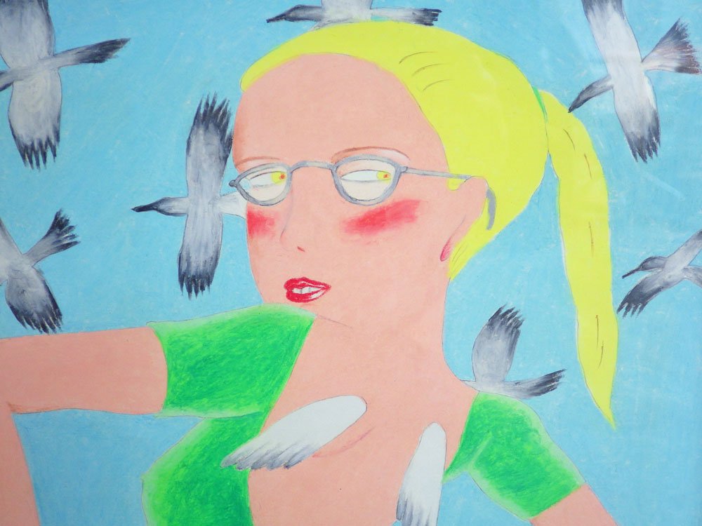 大橋歩 Ayumi Ohashi パステル画 イラスト 額装品 37×47cm ポストカード付き 肉筆画 原画 女性 レオタード 鳥 平凡パンチ ♪