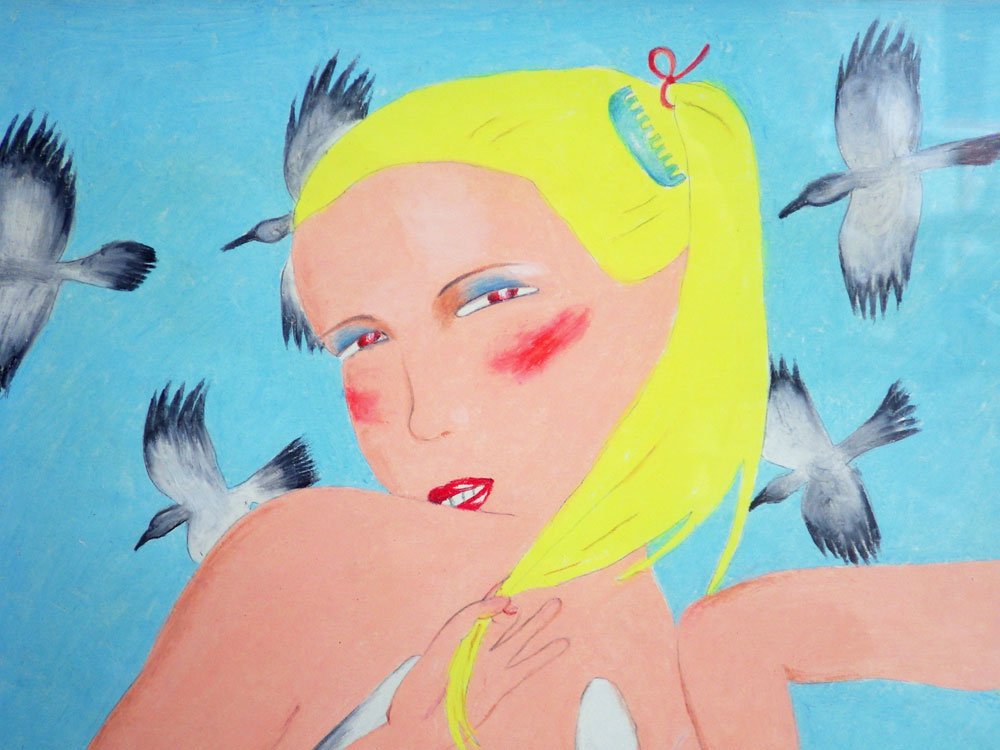 大橋歩 Ayumi Ohashi パステル画 イラスト 額装品 37×47cm ポストカード付き 肉筆画 原画 女性 レオタード 鳥 平凡パンチ ♪