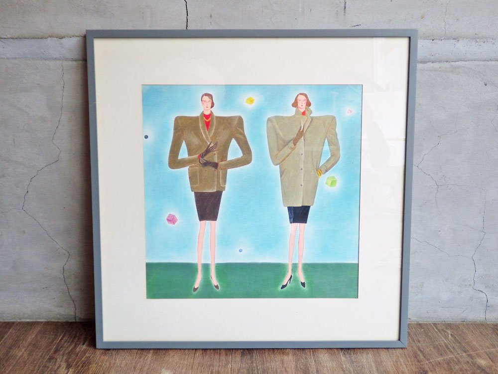 大橋歩 Ayumi Ohashi ピンクハウス パステル画 イラスト 額装品 54×54cm 肉筆画 原画 女性 コート ファッション 平凡パンチ ♪