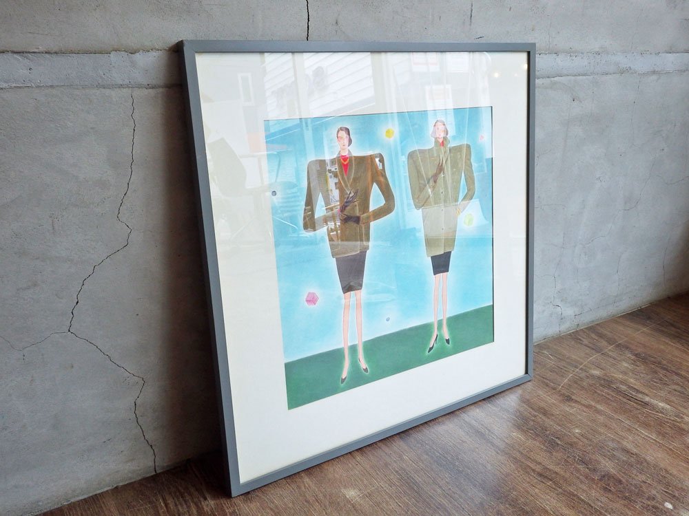 大橋歩 Ayumi Ohashi ピンクハウス パステル画 イラスト 額装品 54×54cm 肉筆画 原画 女性 コート ファッション 平凡パンチ ♪