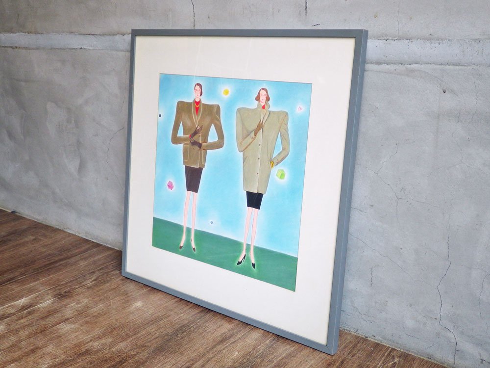 大橋歩 Ayumi Ohashi ピンクハウス パステル画 イラスト 額装品 54×54cm 肉筆画 原画 女性 コート ファッション 平凡パンチ ♪