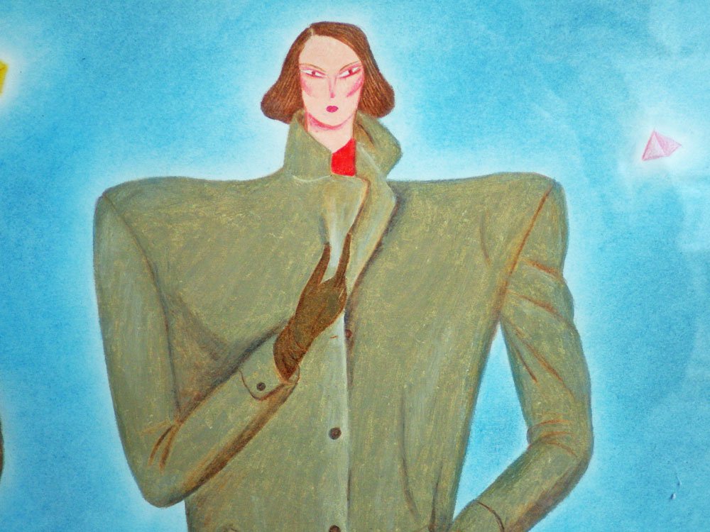 大橋歩 Ayumi Ohashi ピンクハウス パステル画 イラスト 額装品 54×54cm 肉筆画 原画 女性 コート ファッション 平凡パンチ ♪