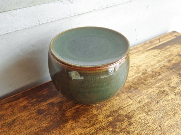 李英才 Young Jae Lee 蓋つき ポット Lidded pot 鉢 Φ11cm ダークグリーン Dark green shiny リ・ヨンツェ 韓国人作家 ♪