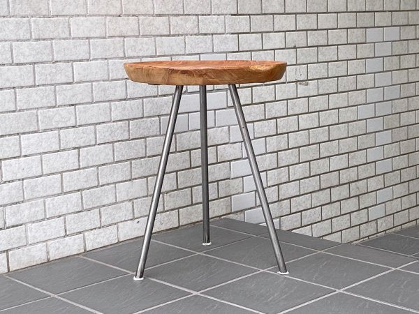 ビンテージ リメイク サイドテーブル チーク無垢材 スチールレッグ 花台 ランプテーブル ■