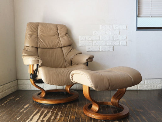 エコーネス EKORNES レノ RENO ストレスレスチェア stressless リクライニングチェア ＆ オットマン 2点セット レザー ベージュ ノルウェー 北欧家具 参考価格32万円 ◎