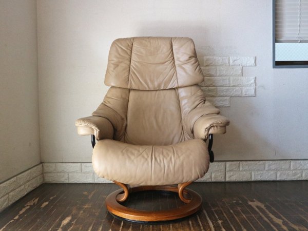 エコーネス EKORNES レノ RENO ストレスレスチェア stressless リクライニングチェア ＆ オットマン 2点セット レザー ベージュ ノルウェー 北欧家具 参考価格32万円 ◎