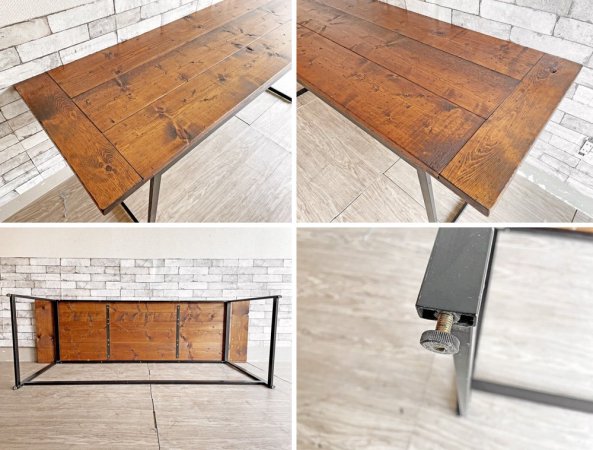インダストリアルデザイン Industrial Design ワークデスク コンソールテーブル 作業台 パイン材天板 × ビンテージスチール脚 W190cm 店舗什器 リメイク家具 ●