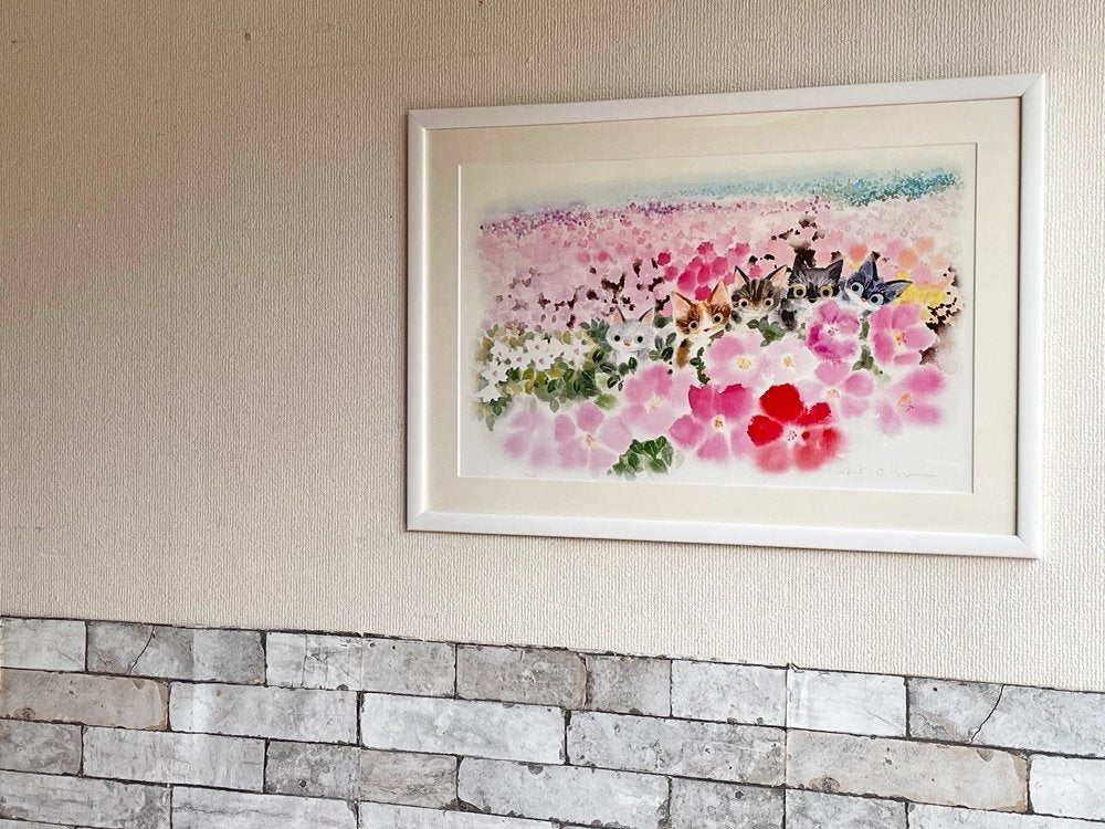 渡辺あきお Akio Watanabe 心地よい花色 子猫 版画 ジクレープリント 147/175 サイン入り 額装品 画家 絵本作家 ●