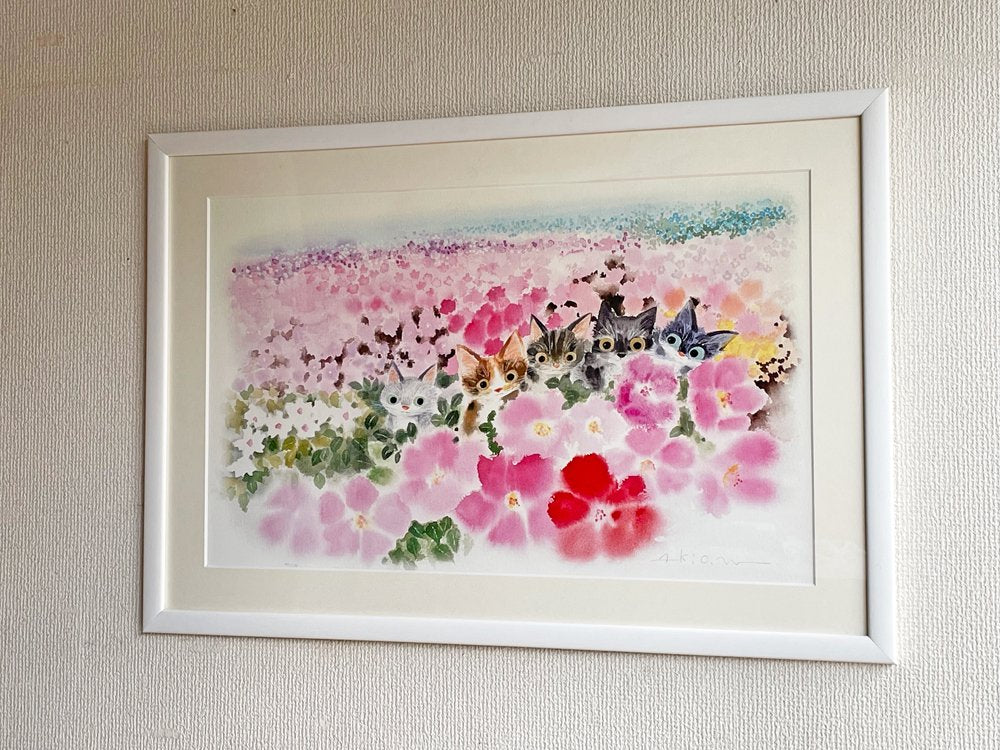 渡辺あきお Akio Watanabe 心地よい花色 子猫 版画 ジクレープリント 147/175 サイン入り 額装品 画家 絵本作家 ●