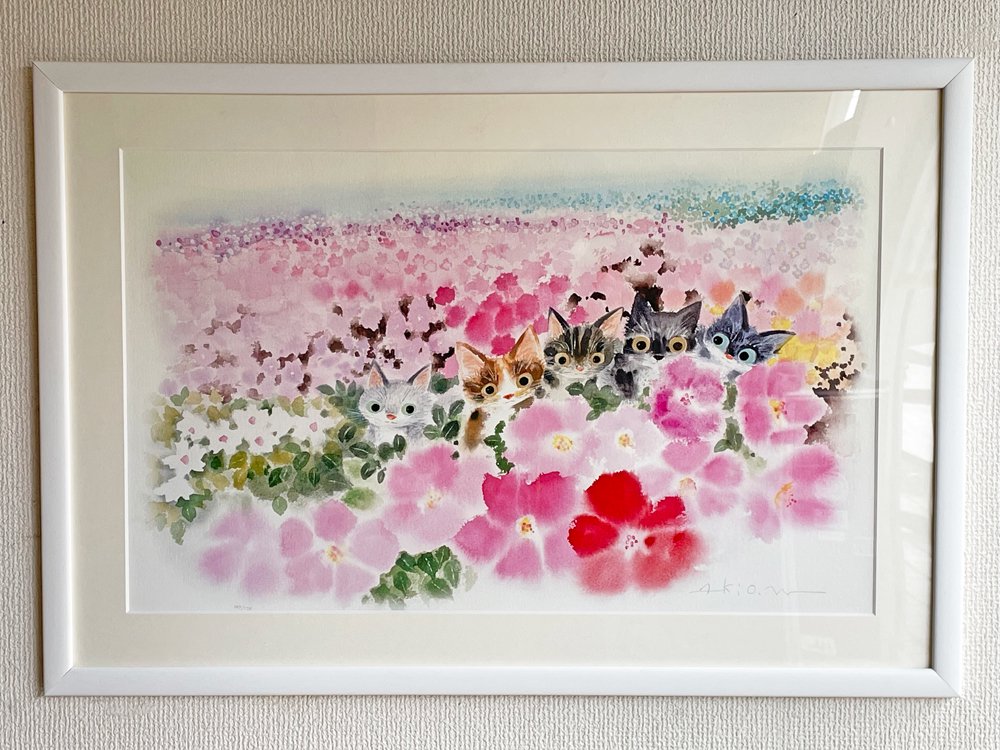 渡辺あきお Akio Watanabe 心地よい花色 子猫 版画 ジクレープリント 147/175 サイン入り 額装品 画家 絵本作家 ●