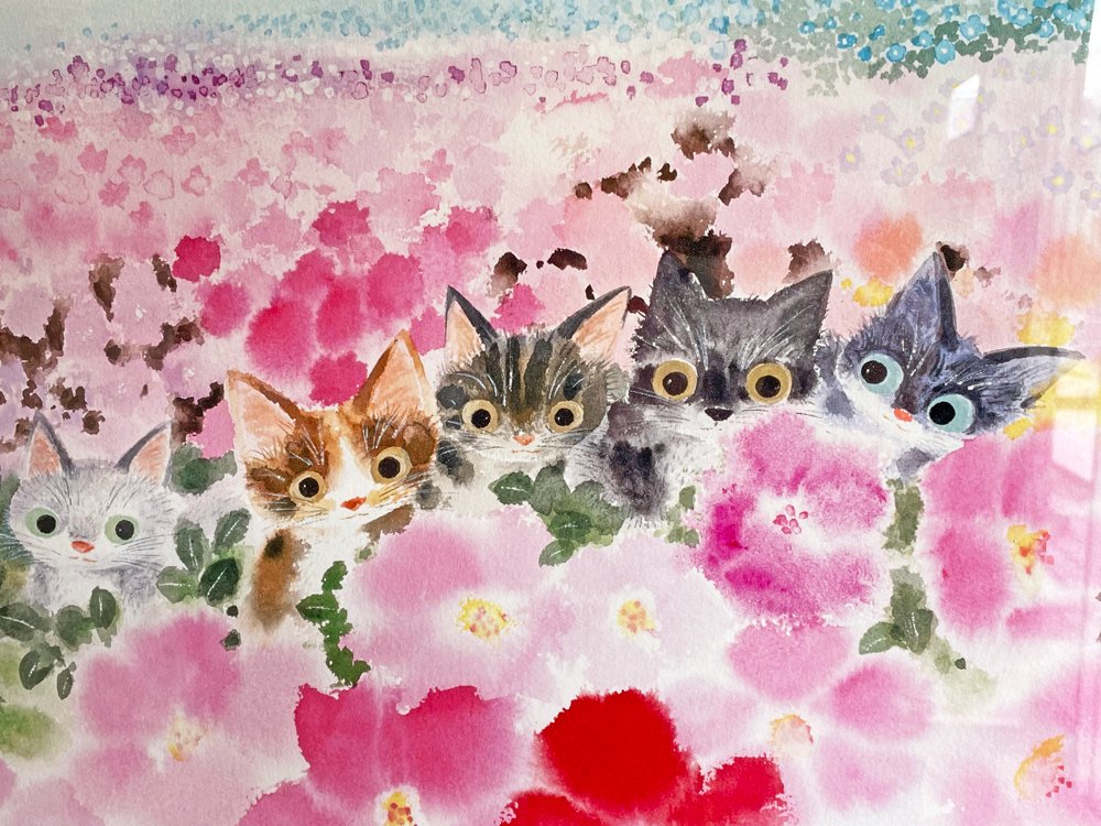 渡辺あきお Akio Watanabe 心地よい花色 子猫 版画 ジクレープリント 147/175 サイン入り 額装品 画家 絵本作家 ●