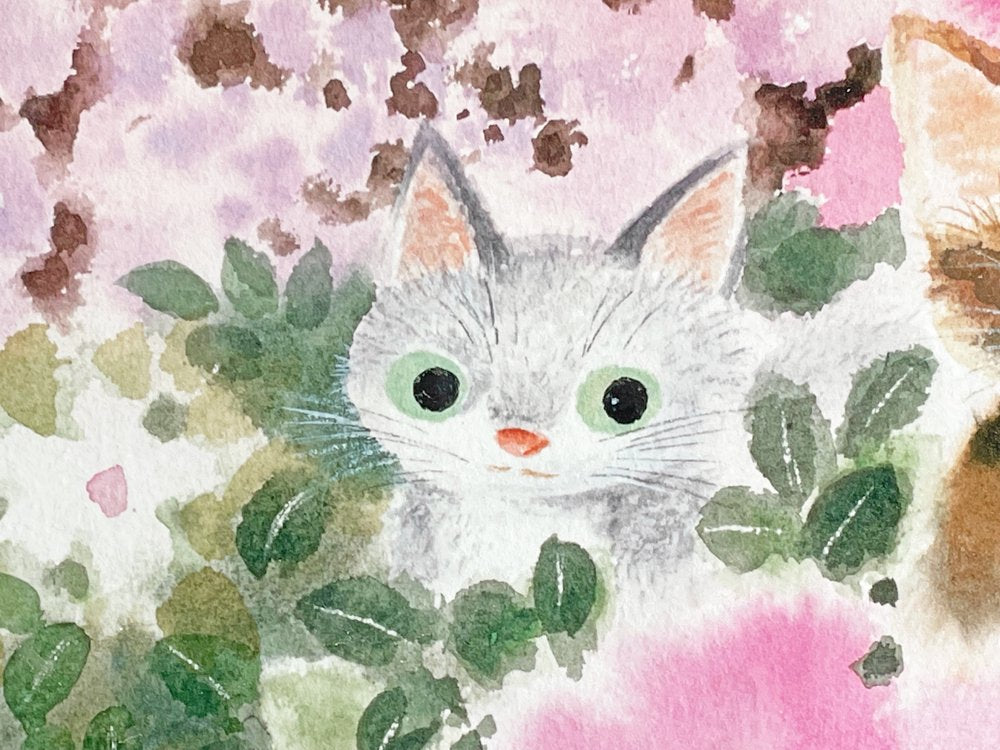 渡辺あきお Akio Watanabe 心地よい花色 子猫 版画 ジクレープリント 147/175 サイン入り 額装品 画家 絵本作家 ●
