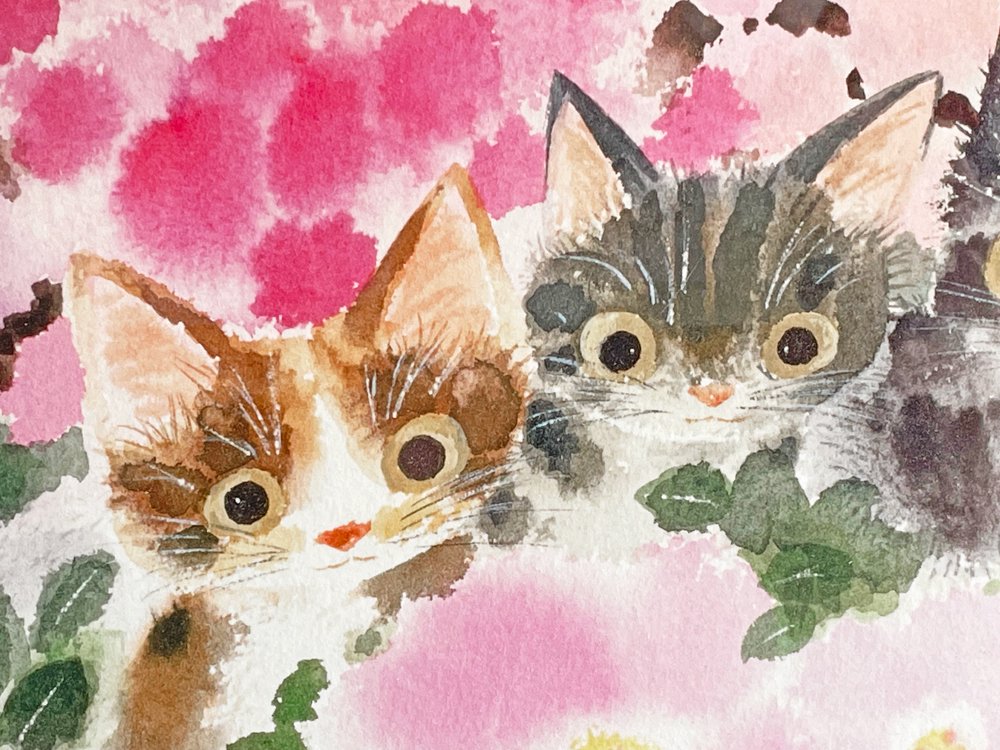 渡辺あきお Akio Watanabe 心地よい花色 子猫 版画 ジクレープリント 147/175 サイン入り 額装品 画家 絵本作家 ●
