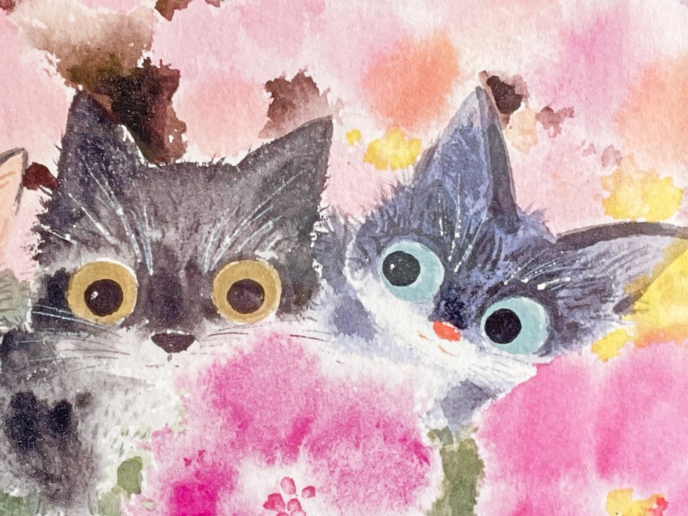 渡辺あきお Akio Watanabe 心地よい花色 子猫 版画 ジクレープリント 147/175 サイン入り 額装品 画家 絵本作家 ●