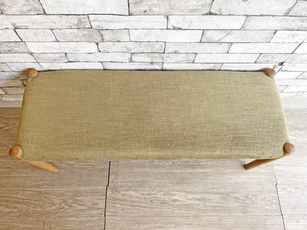 モモナチュラル MOMO Natural ホーン HORN ベンチ タモ無垢材 カバーリング グリーン系ファブリック W110cm 定価￥39,500～ ●