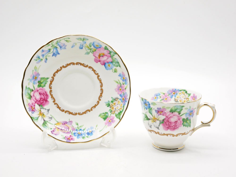 クラウンスタッフォードシャー Crown Staffordshire カップ＆ソーサー C/S 花柄 ピンク×ブルー UKビンテージ Vintage 英国 A ●