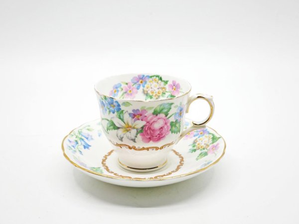 クラウンスタッフォードシャー Crown Staffordshire カップ＆ソーサー C/S 花柄 ピンク×ブルー UKビンテージ Vintage 英国 A ●