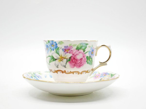 クラウンスタッフォードシャー Crown Staffordshire カップ＆ソーサー C/S 花柄 ピンク×ブルー UKビンテージ Vintage 英国 A ●