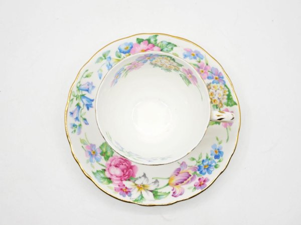 クラウンスタッフォードシャー Crown Staffordshire カップ＆ソーサー C/S 花柄 ピンク×ブルー UKビンテージ Vintage 英国 A ●