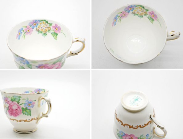 クラウンスタッフォードシャー Crown Staffordshire カップ＆ソーサー C/S 花柄 ピンク×ブルー UKビンテージ Vintage 英国 A ●