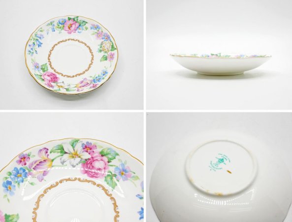 クラウンスタッフォードシャー Crown Staffordshire カップ＆ソーサー C/S 花柄 ピンク×ブルー UKビンテージ Vintage 英国 A ●