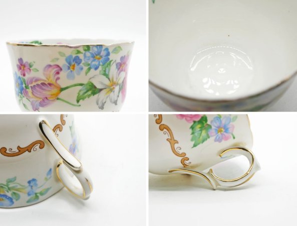 クラウンスタッフォードシャー Crown Staffordshire カップ＆ソーサー C/S 花柄 ピンク×ブルー UKビンテージ Vintage 英国 A ●