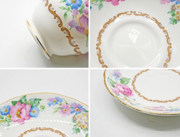 クラウンスタッフォードシャー Crown Staffordshire カップ＆ソーサー C/S 花柄 ピンク×ブルー UKビンテージ Vintage 英国 A ●