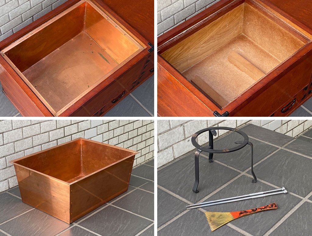 ジャパンビンテージ 火鉢 関東火鉢 江戸長火鉢 欅材 抽斗5杯 民芸家具 古民具 ■