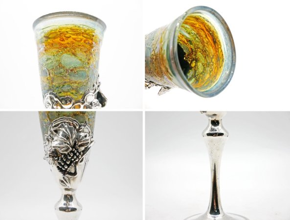 ヨーロピアンビンテージ European Vintage シャンパングラス ゴブレット ガラス×シルバー脚 葡萄モチーフ アンティーク Antique ●