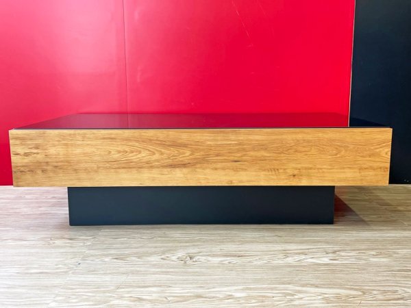 モダンデザイン Modern Design ガラストップ センターテーブル ローテーブル W105cm 引き出し付き プリント化粧板 ライトブラウン 北欧スタイル ●