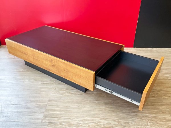 モダンデザイン Modern Design ガラストップ センターテーブル ローテーブル W105cm 引き出し付き プリント化粧板 ライトブラウン 北欧スタイル ●