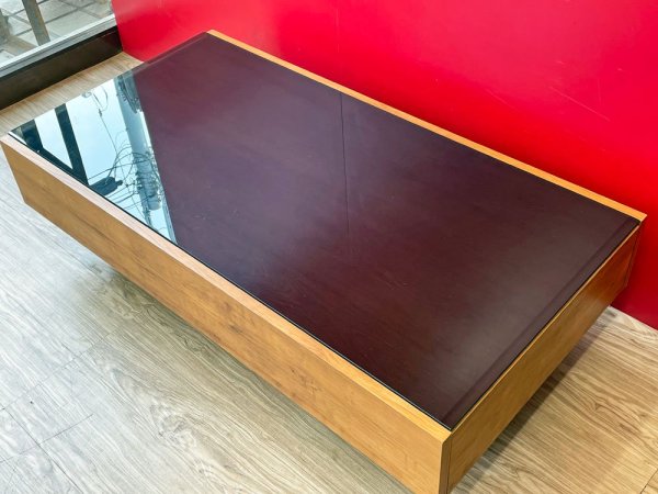 モダンデザイン Modern Design ガラストップ センターテーブル ローテーブル W105cm 引き出し付き プリント化粧板 ライトブラウン 北欧スタイル ●