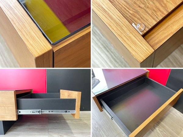モダンデザイン Modern Design ガラストップ センターテーブル ローテーブル W105cm 引き出し付き プリント化粧板 ライトブラウン 北欧スタイル ●