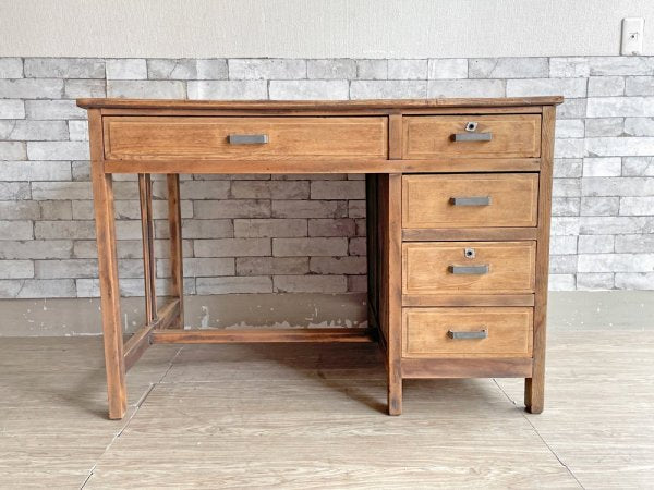 ジャパンビンテージ Japan vintage 古い木味の片袖机 デスク 作業台 W105cm 抽斗5杯 古材 古家具 昭和レトロ ●