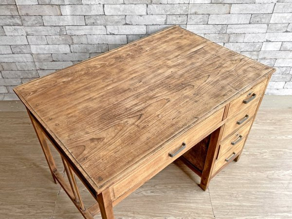 ジャパンビンテージ Japan vintage 古い木味の片袖机 デスク 作業台 W105cm 抽斗5杯 古材 古家具 昭和レトロ ●