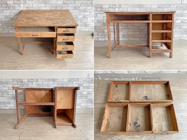 ジャパンビンテージ Japan vintage 古い木味の片袖机 デスク 作業台 W105cm 抽斗5杯 古材 古家具 昭和レトロ ●