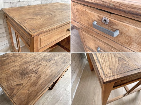 ジャパンビンテージ Japan vintage 古い木味の片袖机 デスク 作業台 W105cm 抽斗5杯 古材 古家具 昭和レトロ ●