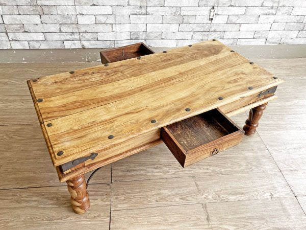 ビンテージスタイル Vintage Style シーシャムウッド無垢材 センターテーブル ローテーブル W120cm アイアン金具 両面抽斗付 インド家具風 アジアンリゾート ●