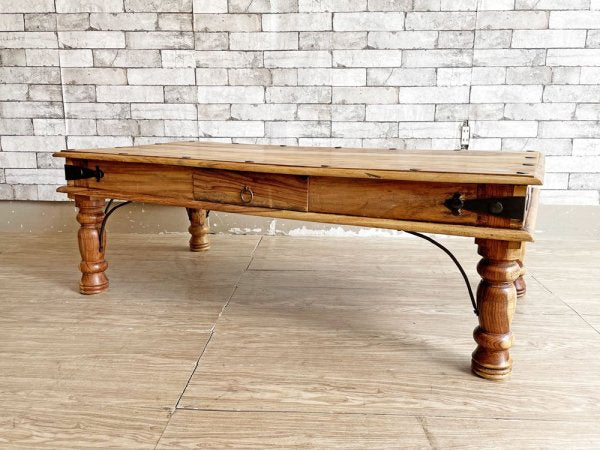 ビンテージスタイル Vintage Style シーシャムウッド無垢材 センターテーブル ローテーブル W120cm アイアン金具 両面抽斗付 インド家具風 アジアンリゾート ●