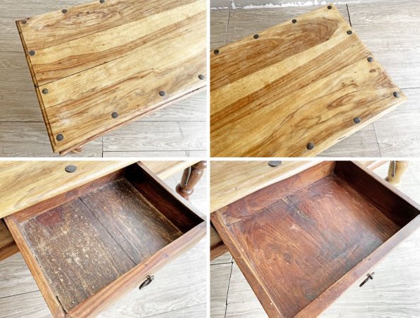 ビンテージスタイル Vintage Style シーシャムウッド無垢材 センターテーブル ローテーブル W120cm アイアン金具 両面抽斗付 インド家具風 アジアンリゾート ●