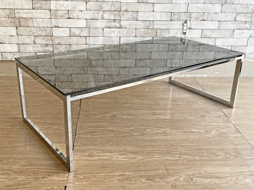 モダンデザイン Modern Design ガラス ローテーブル センターテーブル まだら模様 スチールレッグ W120cm ●