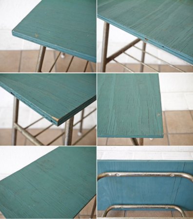 ビンテージ リメイク サイドテーブル ペインテッド天板 スチールレッグ 花台 ランプテーブル ◇