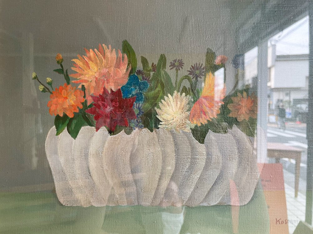 小杉 小二郎 Kojiro Kosugi 白いつぼの花 油彩画 油絵 静物画 洋画家 絵画 F5 額装品 箱付 ●