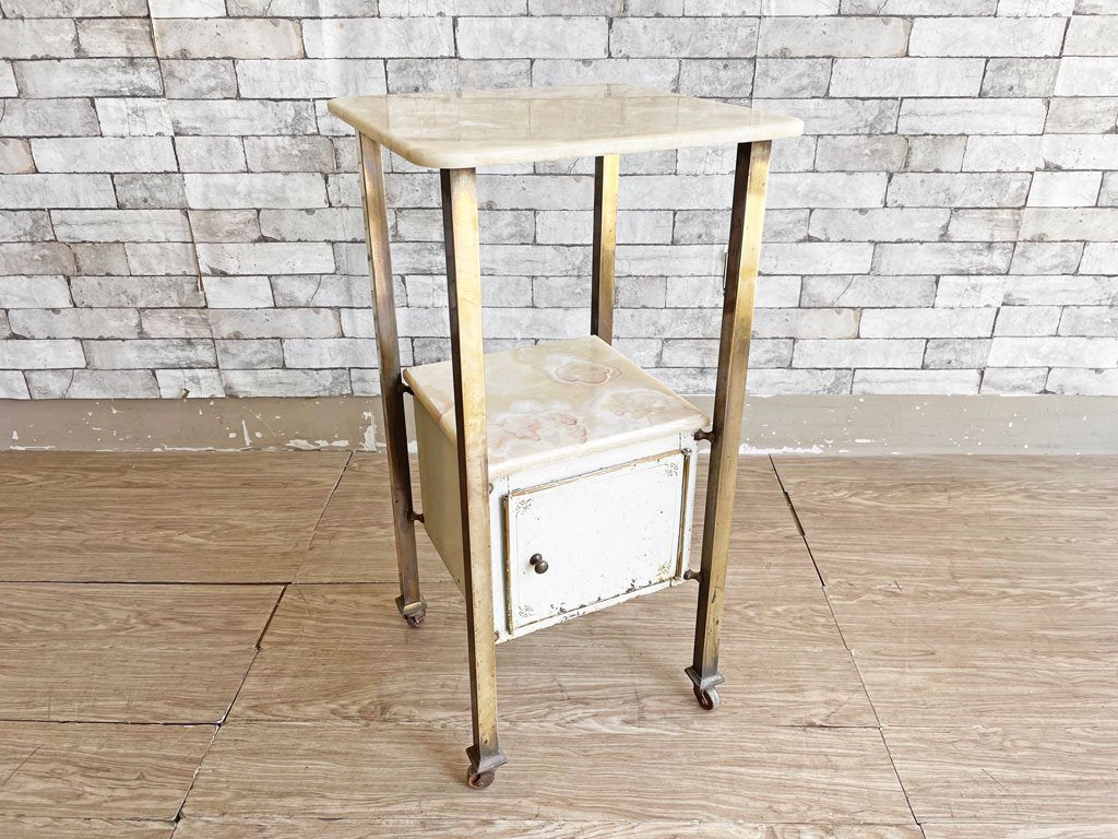 ヨーロピアンビンテージ European Vintage 大理石天板 × ティン × スチール脚 ポットカップボード H80cm サイドテーブル テレフォンラック キャスター付 クラシカルスタイル ●