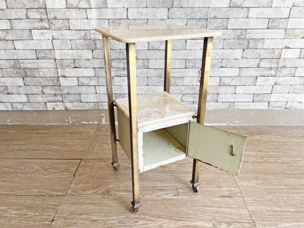 ヨーロピアンビンテージ European Vintage 大理石天板 × ティン × スチール脚 ポットカップボード H80cm サイドテーブル テレフォンラック キャスター付 クラシカルスタイル ●