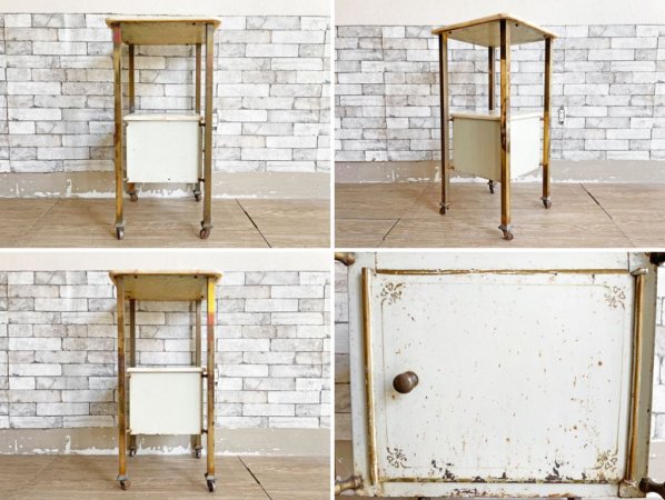 ヨーロピアンビンテージ European Vintage 大理石天板 × ティン × スチール脚 ポットカップボード H80cm サイドテーブル テレフォンラック キャスター付 クラシカルスタイル ●