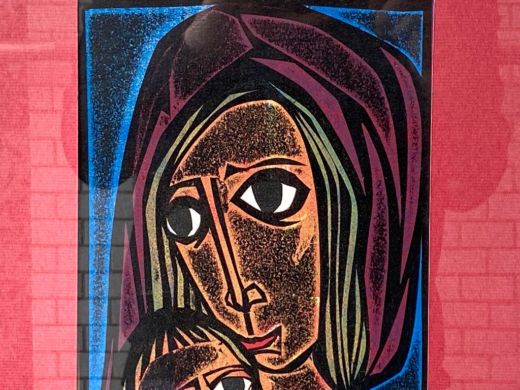 版画 リトグラフ 額装 聖母子像 マリア 宗教画 人物画 作家不詳 ■